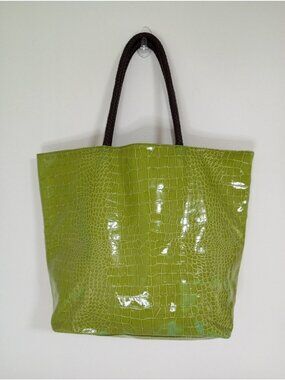 Neiman Marcus Green Croc-Embossed Vinyl Tote Bag With Brown Braided Handles